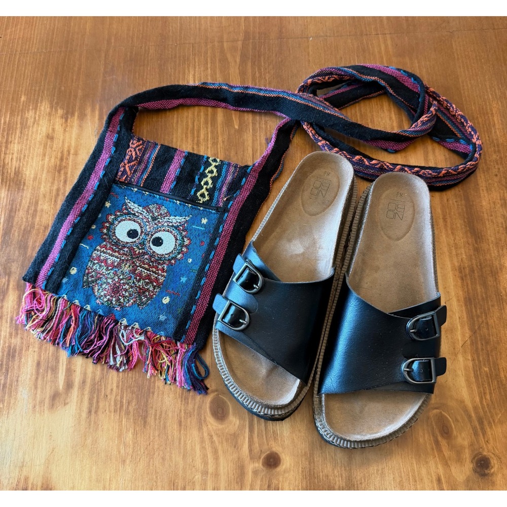 No Boundaries Platform Sandals 8.5 & Boho Owl Woven Crossbody Bag Bundle Set
